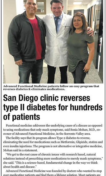 news article that reads "San Diego clinic reverses type II diabetes for hundreds of patients" with photo of Dr. Willis and patients above