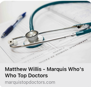article card with stethoscope image on top and text below that reads Matthew Willis, Marquis Who's Who Top Doctors