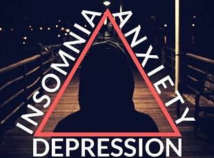the silhouette of a person on a bridge at night with a triangle on top that lists the words "insomnia, anxiety, and depression" around it