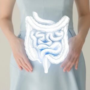 Illustration of digestive system overlaid on woman wearing mint green dress